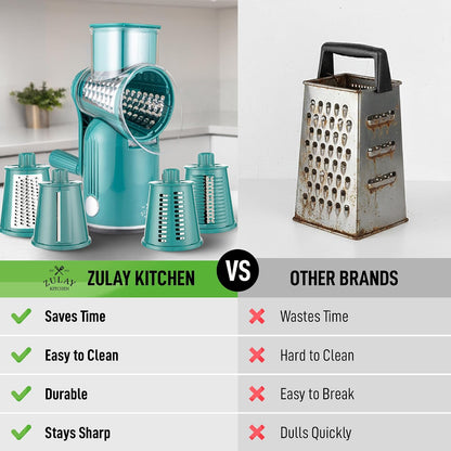 Zulay Kitchen Rotary Cheese Grater 5 Blade Cheese Shredder - Manual Hand Crank Cheese Grater With Reinforced Suction & 5 Interchangeable Drums - Easy to Use, Vegetable Chopper Round Mandoline Slicer - Colors B