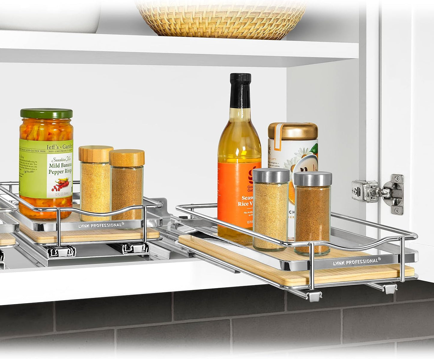 LYNK PROFESSIONAL® Pull Out Spice Organization for Cabinets - 4-3/8 inch Wide – Spice Rack for Inside Cabinets, Slide Out Spice Rack Organizer for cabinet – Pull Out Spice Rack, Sliding 2 Tier Chrome