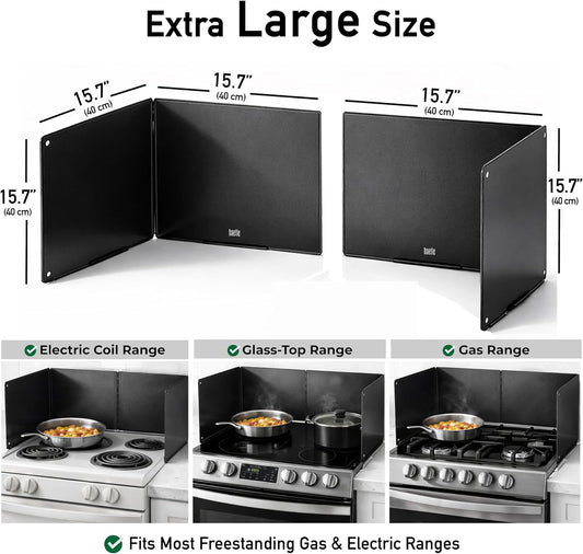 Foldable, Nonstick, Grease Splatter Guard for Stove Top by Baetle– Heavy-Duty Stainless Steel Oil Splash Shield, Premium Black Style, 29.5" Wide Back Panel, 13.6" Deep–with Spoon Rest