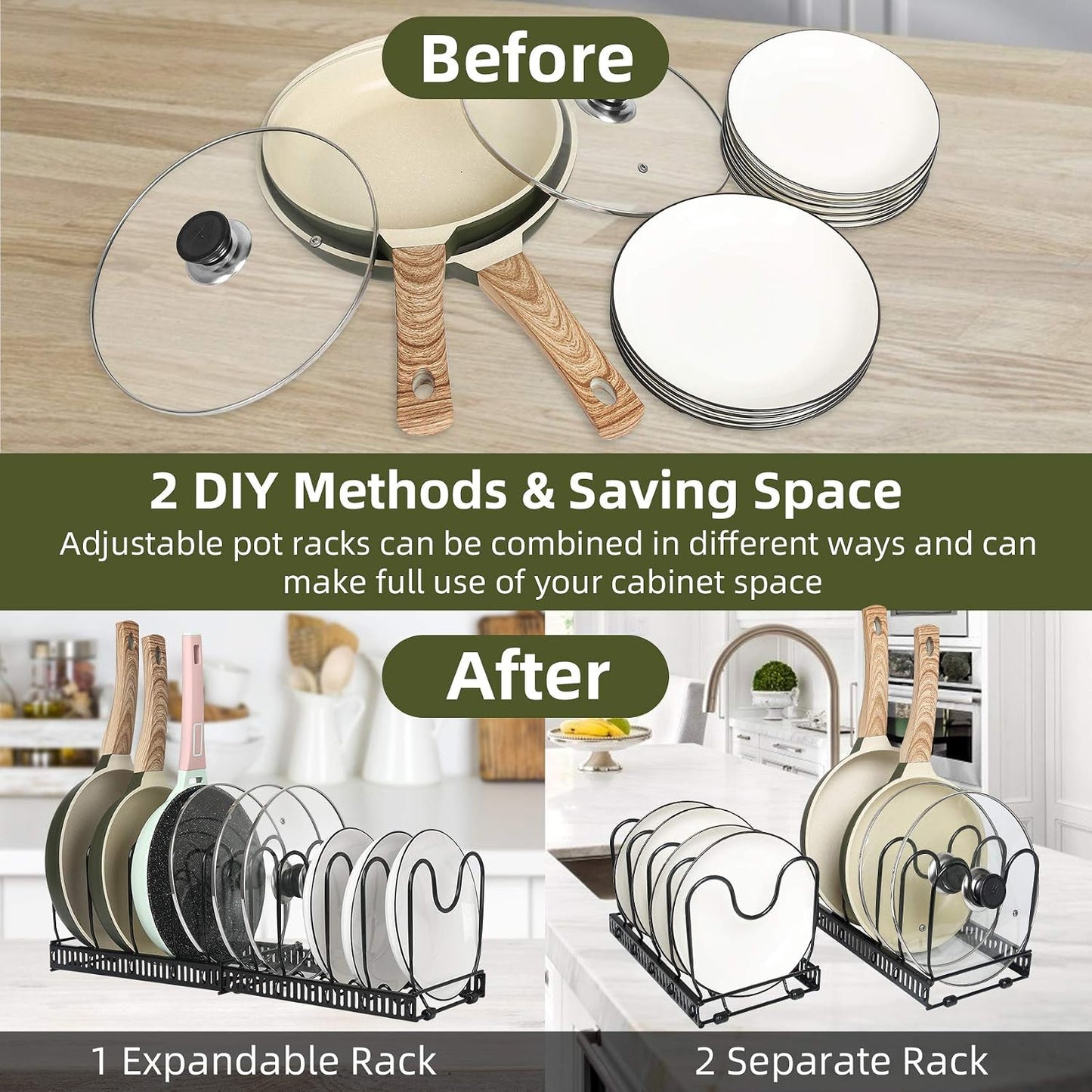 ROOHUA Pot and Pan Lid Organizer Rack for Under Cabinet, 12"-23" Expandable | 10 Adjustable Dividers, Holds Pan Lids, Cookware & Bakeware, Creates Tidy Cabinet Storage, Durable Metal, Bronze