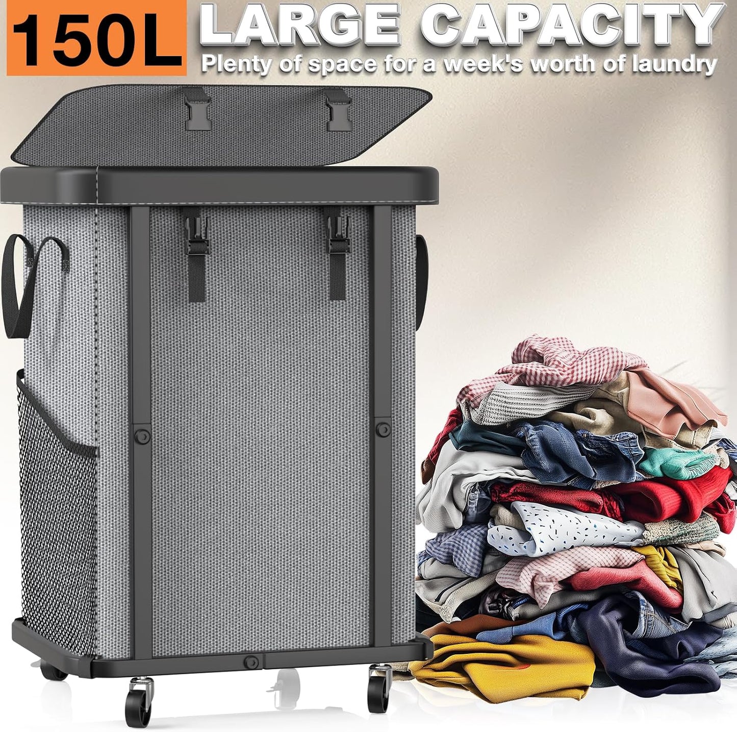 Laundry Hamper with Wheels,150L Leather Patchwork Clothes Hamper Black | Rolling Laundry Basket with Sturdy Metal Frame, Removable Washable Bag,Tall Clothes Sorter for Bedroom, Laundry Room, Dorm