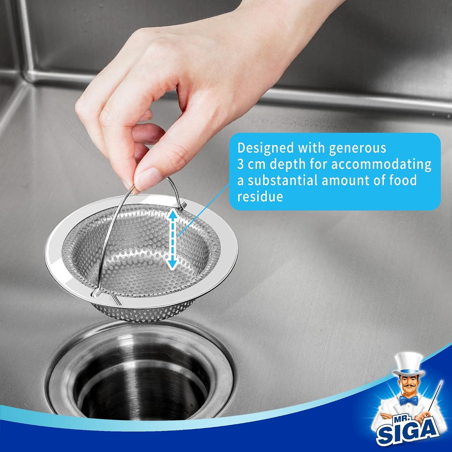 MR.SIGA Kitchen Sink Strainer, Stainless Steel Sink Drain Strainer, 2 Pack | Dishwasher safe sink strainer, outer diameter 4.33 inch/11 cm, inner diameter 3.23 inch/8.2cm