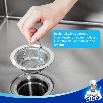 MR.SIGA Kitchen Sink Strainer, Stainless Steel Sink Drain Strainer, 2 Pack | Dishwasher safe sink strainer, outer diameter 4.33 inch/11 cm, inner diameter 3.23 inch/8.2cm