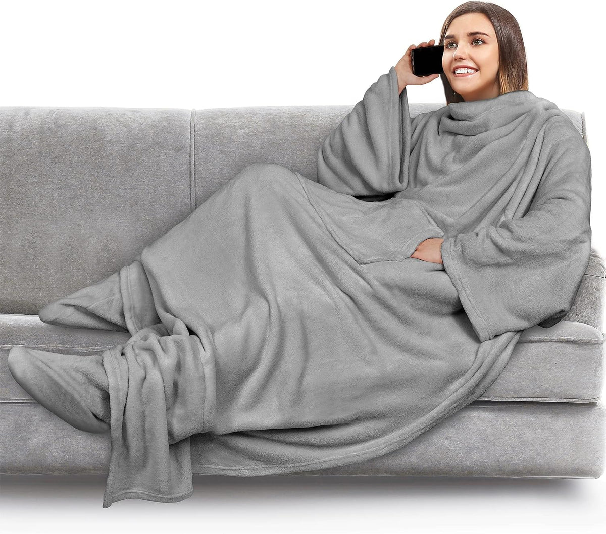 PAVILIA Fleece Blanket with Sleeves and Foot Pockets Women Men, Dark Purple