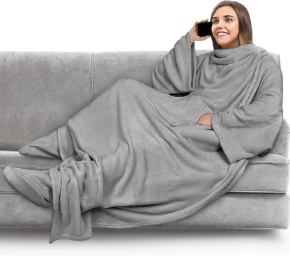PAVILIA Fleece Blanket with Sleeves and Foot Pockets Women Men, Dark Purple