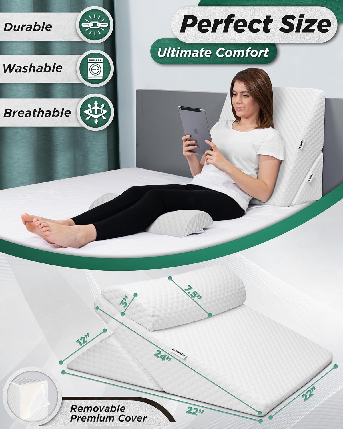 Lunix LX6 FSA 3-Piece Compact Support for Reading, Rest & Leg Elevation, Premium Odor-Free Orthopedic Bed Wedge Pillow Set, Memory Foam, Washable Cover, Pebble White