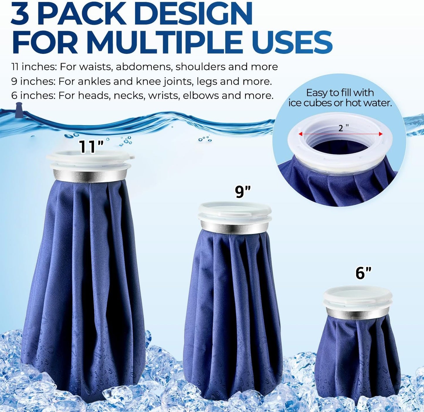 Ice Bags for Injuries Reusable: Ohuhu 3 Packs Ice Cold Packs with 2 Wrap Ice Bag Hot Water Hot & Cold Therapy Pain Relief for Knee Leg Injury No-Leak Waterproof Ice Bags 3 Sizes 6"/9"/11", Light Blue