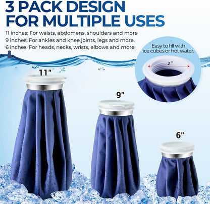 Ice Bags for Injuries Reusable: Ohuhu 3 Packs Ice Cold Packs with 2 Wrap Ice Bag Hot Water Hot & Cold Therapy Pain Relief for Knee Leg Injury No-Leak Waterproof Ice Bags 3 Sizes 6"/9"/11", Light Blue