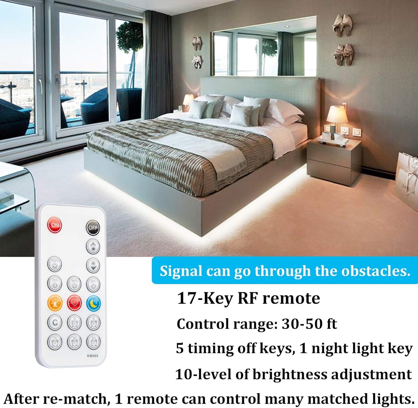 WOBANE 16.4ft Motion Sensor LED Strip with Remote,Warm White Tape Lighting | Dimmable LED Strip Lights for Kitchen, Under Cabinet, Bedroom, Shelf, Bed, PIR Function,Night Light,Adapter,3000K Warm White