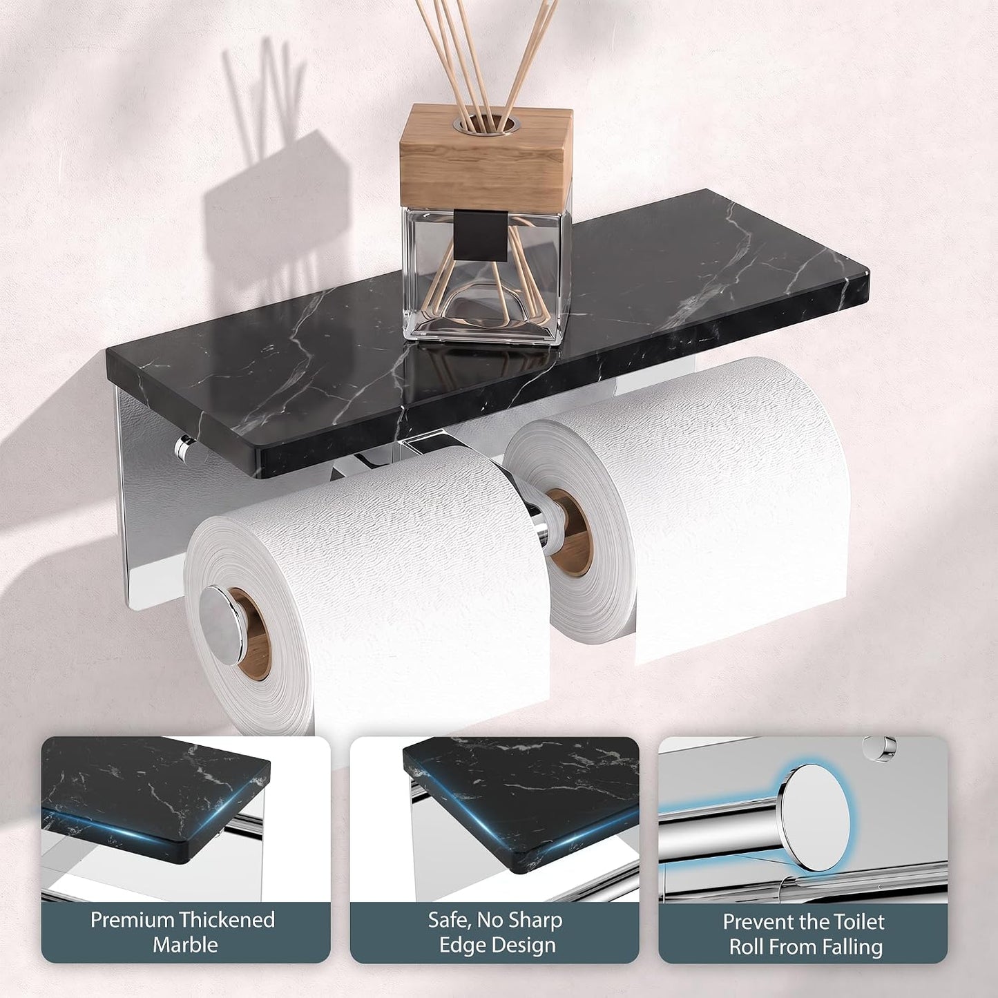 FORIOUS Toilet Paper Holder with Shelf, Commercial Toilet Paper Dispensers | Brushed Nickel | Wall Mount Bathroom Tissue Holder | SUS304 Stainless Steel Rustproof | Double Tissue Roll Holder