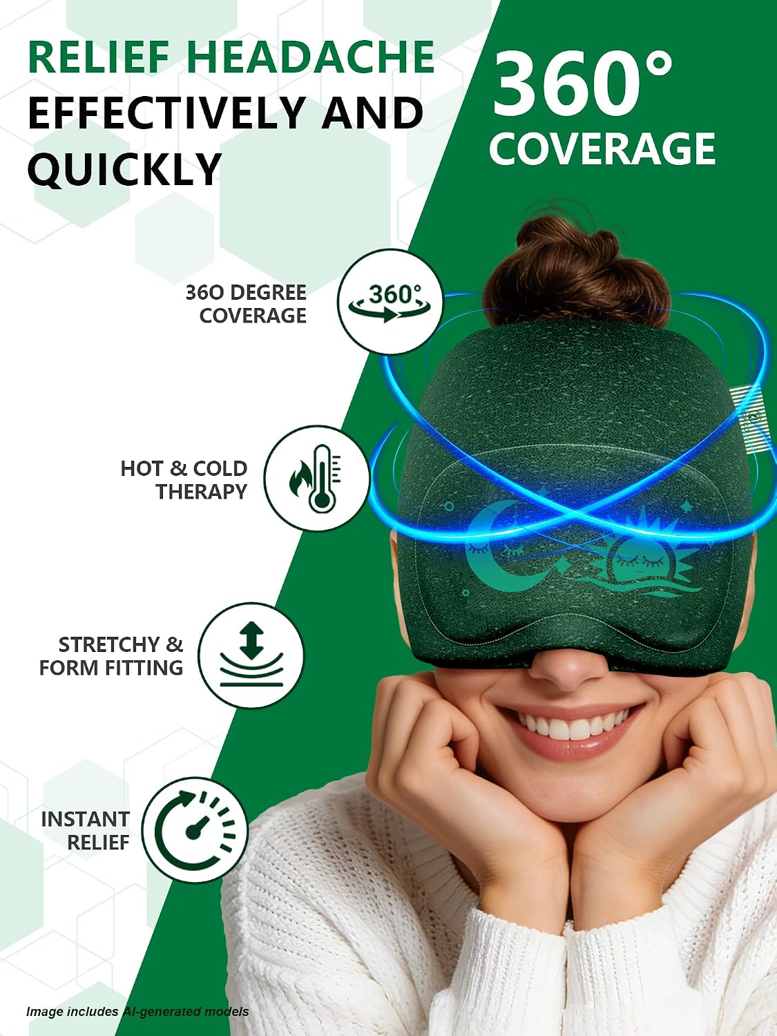 Migraine Relief Cap with Flip-up Eye Mask for Headache & Stress Relief | Headache Relief Hat for Hangover, Tension-Cold Compress Head Wrap