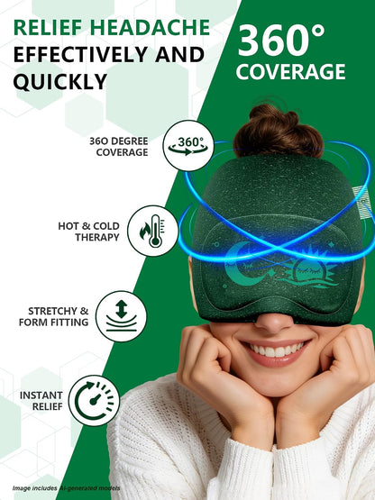 Migraine Relief Cap with Flip-up Eye Mask for Headache & Stress Relief | Headache Relief Hat for Hangover, Tension-Cold Compress Head Wrap