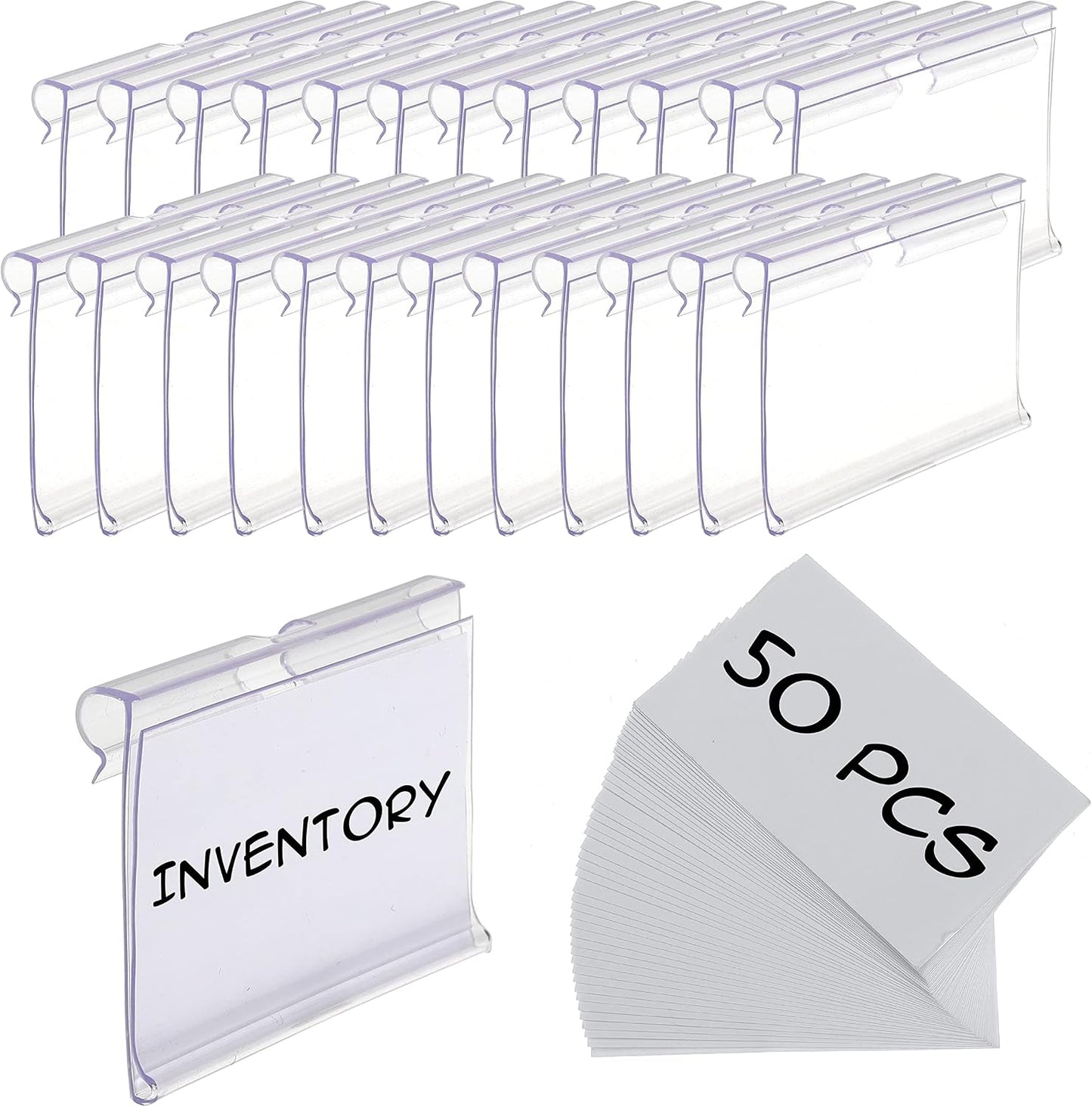 50pcs Labels for Storage Bins Plastic Label Clip, Basket Labels Clip On Wire Shelf Price Label Holder Merchandise Sign Display Holder, 50pcs Label Insert Included (1.96IN*1.65IN)