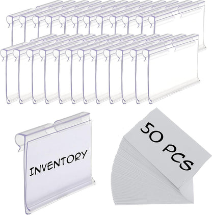 50pcs Labels for Storage Bins Plastic Label Clip, Basket Labels Clip On Wire Shelf Price Label Holder Merchandise Sign Display Holder, 50pcs Label Insert Included (1.96IN*1.65IN)