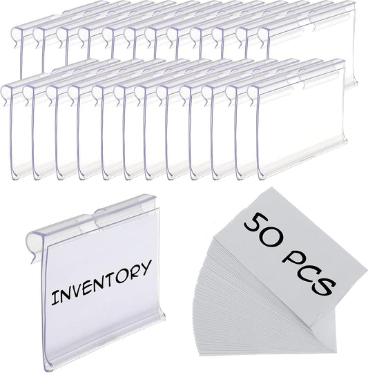 50pcs Labels for Storage Bins Plastic Label Clip, Basket Labels Clip On Wire Shelf Price Label Holder Merchandise Sign Display Holder, 50pcs Label Insert Included (1.96IN*1.65IN)