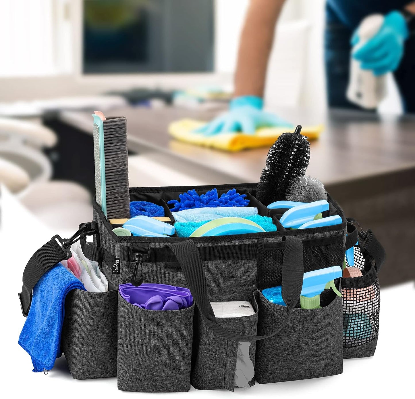 LoDrid Wearable Cleaning Caddy Bag with 4 Foldable Dividers, Black | Cleaning Supply Organizer with Shoulder Strap and Side Handles for Cleaners & Housekeepers