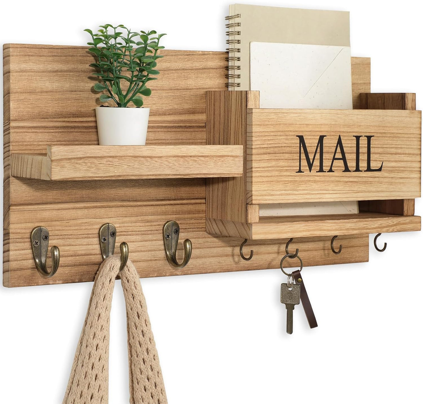 Lwenki Mail Organizer for Wall Mount – Key Holder with Shelf Includes Letter Holder and Hooks for Hallway Farmhouse Decor – Rustic Wood with Flush Mounting Hardware (16.5” x 9.1” x 3.4”) (White)