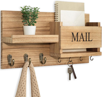 Lwenki Mail Organizer for Wall Mount – Key Holder with Shelf Includes Letter Holder and Hooks for Hallway Farmhouse Decor – Rustic Wood with Flush Mounting Hardware (16.5” x 9.1” x 3.4”) (White)