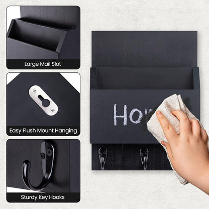 Key and Mail Holder for Wall Mount, Mail Holder with Chalkboard | Mail Organizer with 2 Slot, Key Holder with 3 Sturdy Hooks for Coat, Dog Leash, Decorative Key Rack (8.86”W x 11.42”H x 3”D)