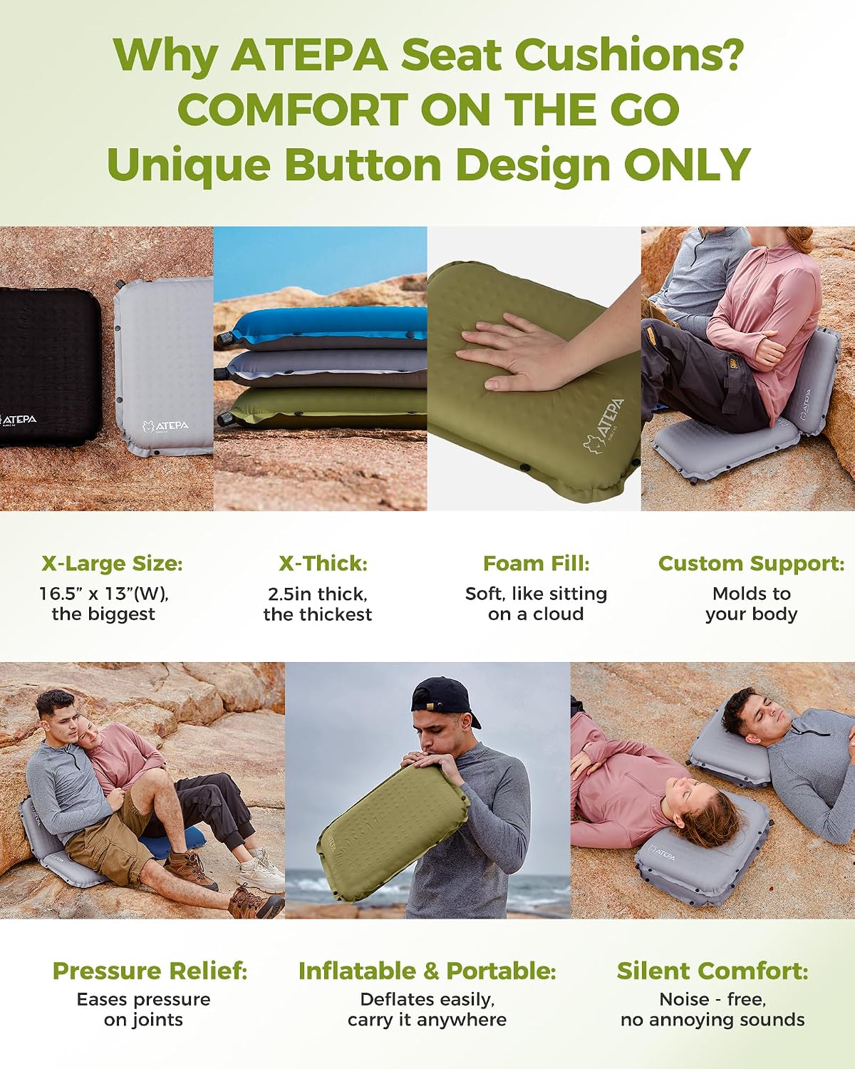 ATEPA Inflatable Seat Cushion | 2" & 2.5" foam core seat pad, Self inflating, Compact, Stadium, Airplane, Travel, Camping, Hiking, Sports events