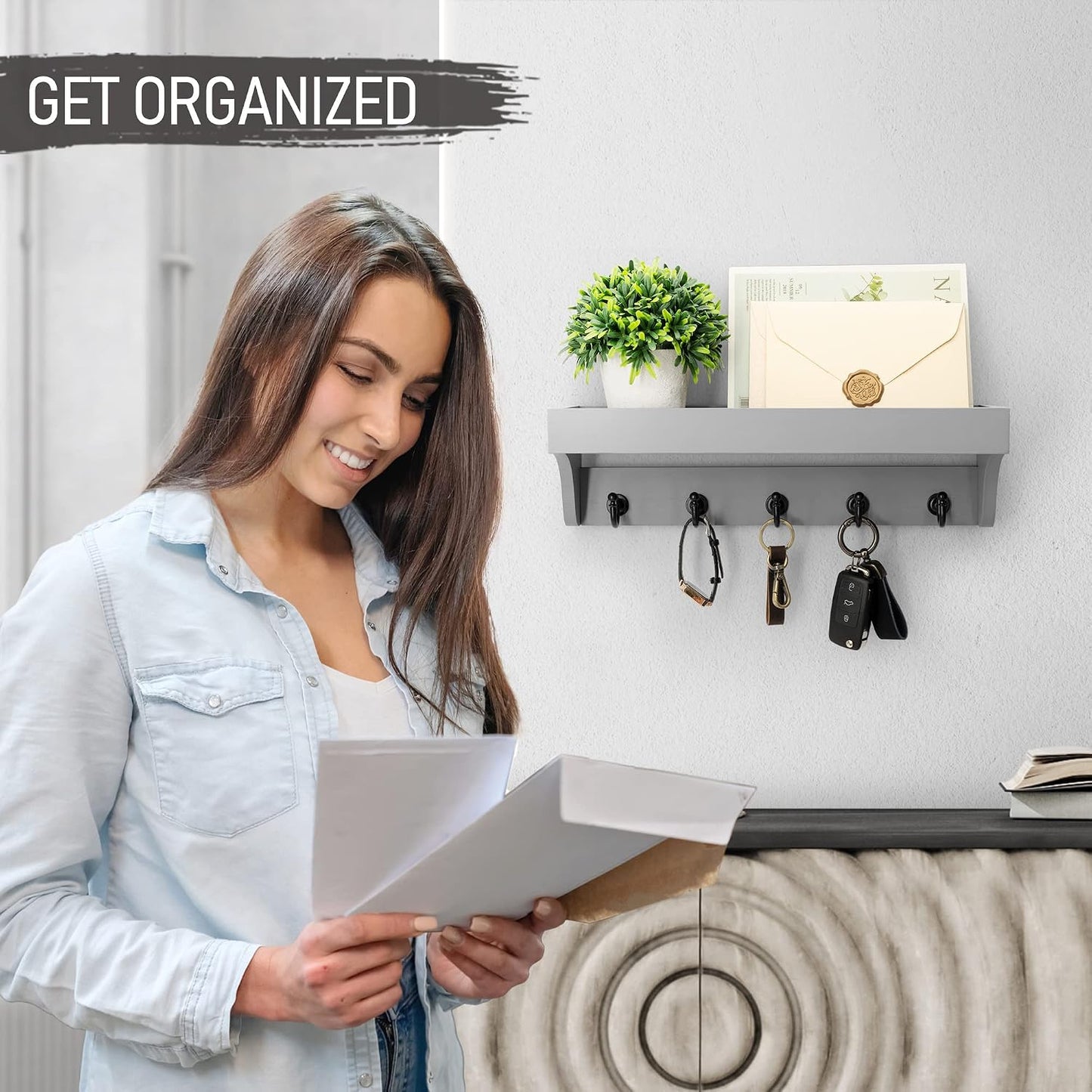Rebee Vision Key Holder Wall Mount with 5 Hooks for Entryway, Retro Brown | Display Shelf for Plant & Letters, Key Shelf for Hats, Dog Leashes, Mail Organizer, Decorative Entryway & Living Room