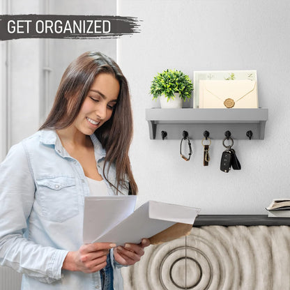 Rebee Vision Key Holder Wall Mount with 5 Hooks for Entryway, Retro Brown | Display Shelf for Plant & Letters, Key Shelf for Hats, Dog Leashes, Mail Organizer, Decorative Entryway & Living Room