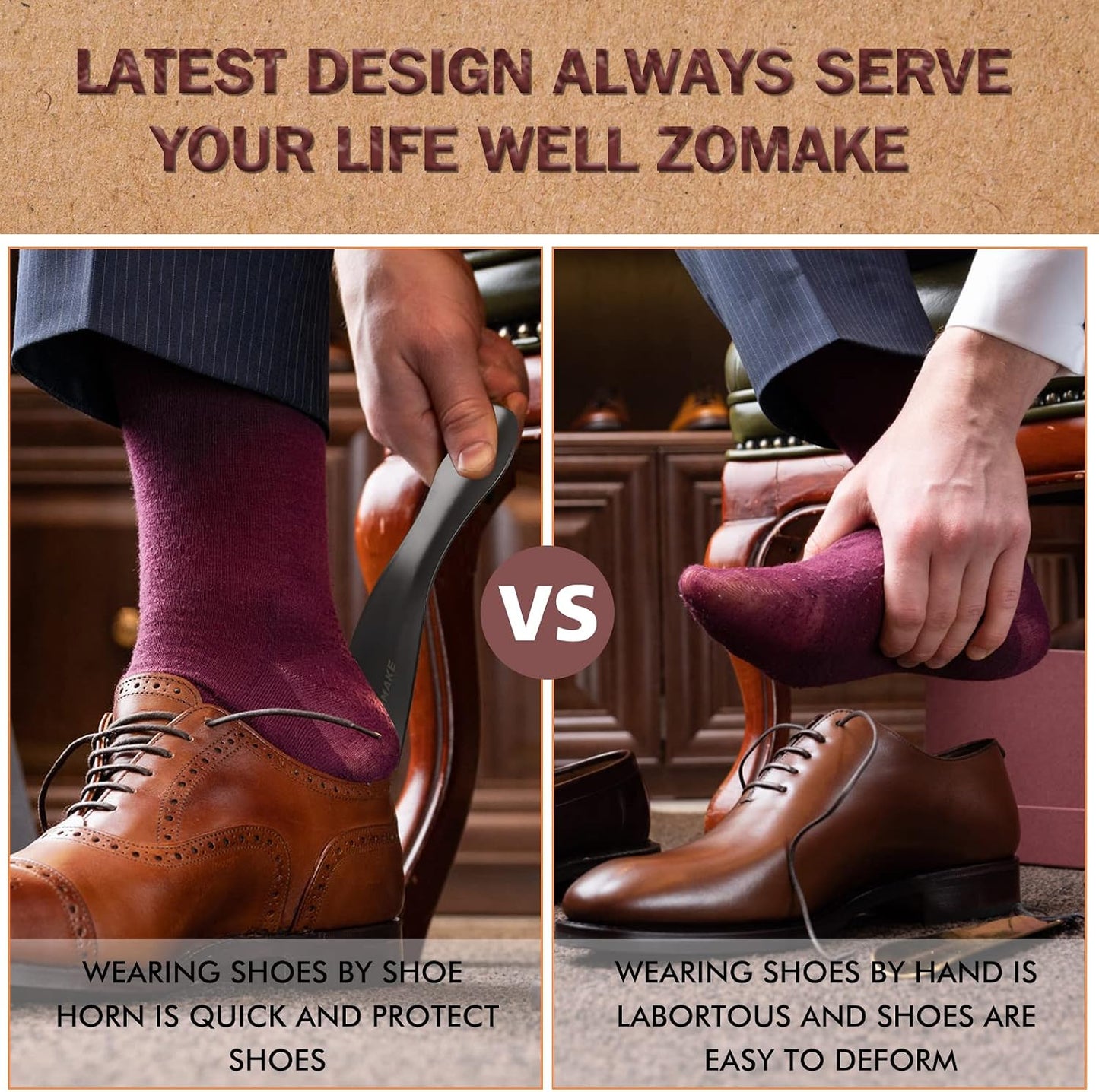 ZOMAKE Shoe Horn Long Handle for Seniors Men Women, Metal Shoehorn 2Pack | 16.5" Long Boot Horn, Travel Small Shoe Spoon Helper 7.5", Sturdy Stainless Steel, Anti-Slip Leather Grip, Shoe Protection