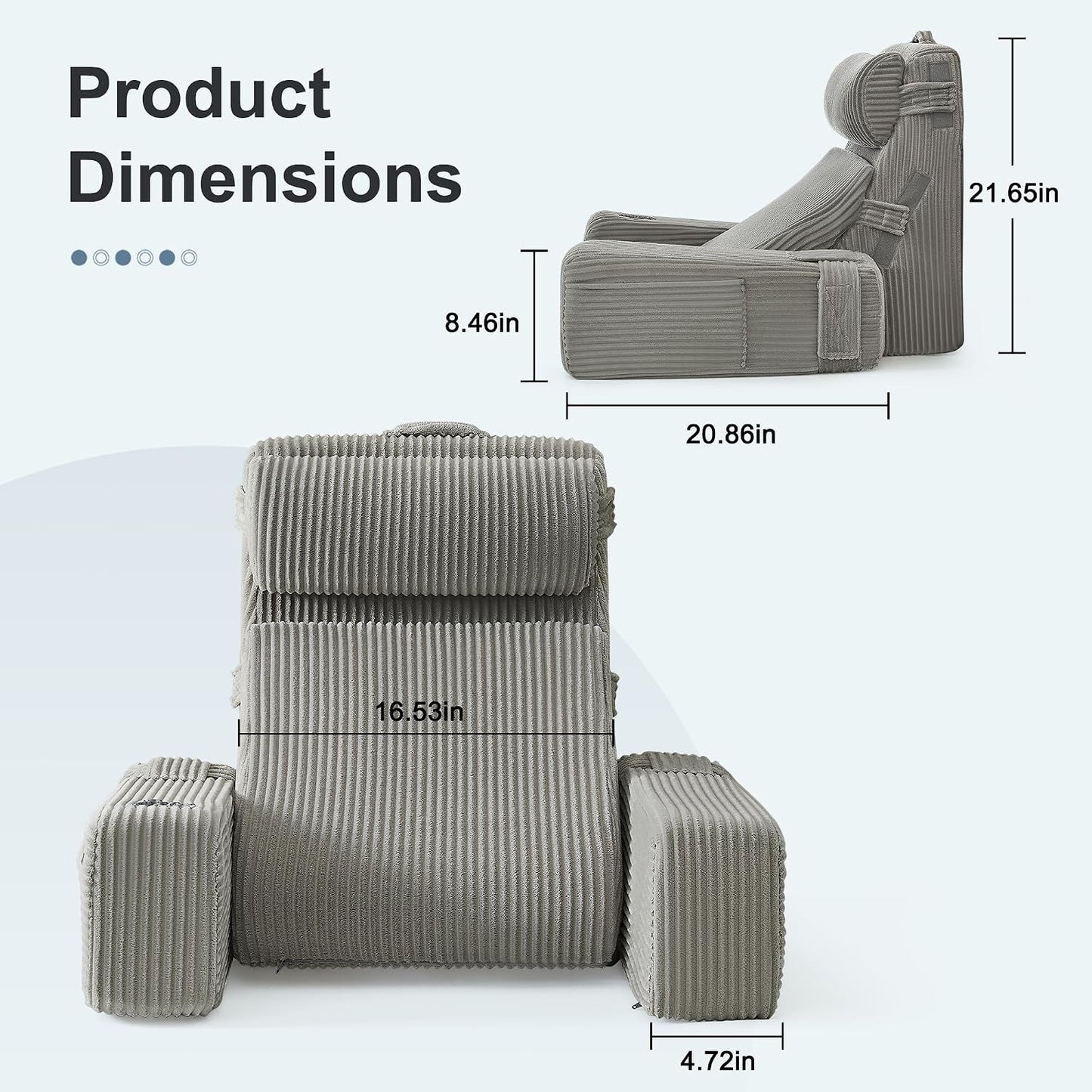 Reading Pillow for Bed with Adjustable Armrests and Side Pockets, Back Pillow for Bed Sitting Up, Sit Up Pillow, and Bed Pillows for Sitting Up, Ideal for Reading, Watching TV and Relaxing, Light Gray