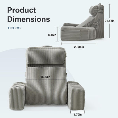 Reading Pillow for Bed with Adjustable Armrests and Side Pockets, Back Pillow for Bed Sitting Up, Sit Up Pillow, and Bed Pillows for Sitting Up, Ideal for Reading, Watching TV and Relaxing, Light Gray