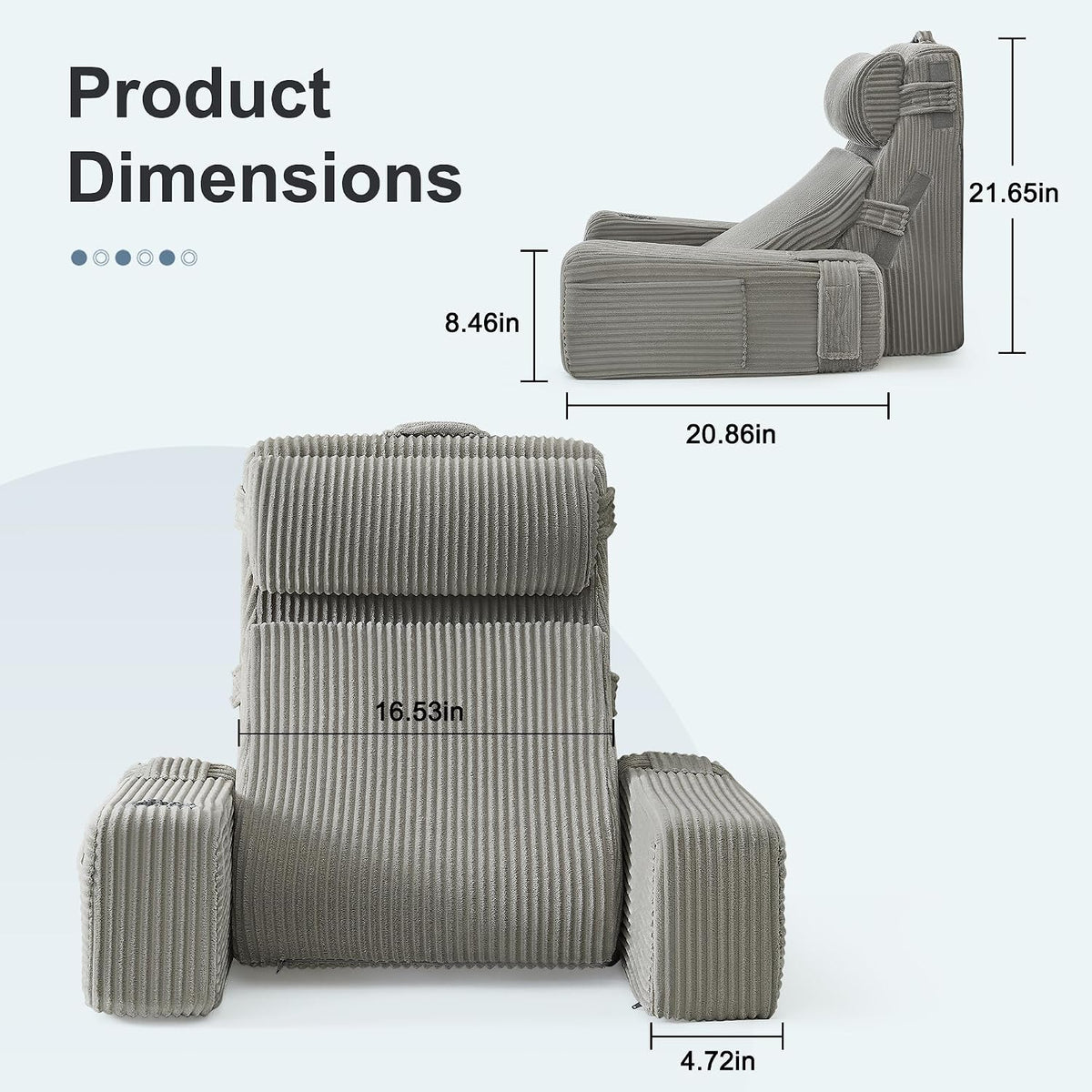 Reading Pillow for Bed with Adjustable Armrests and Side Pockets, Back Pillow for Bed Sitting Up, Sit Up Pillow, and Bed Pillows for Sitting Up, Ideal for Reading, Watching TV and Relaxing, Light Gray