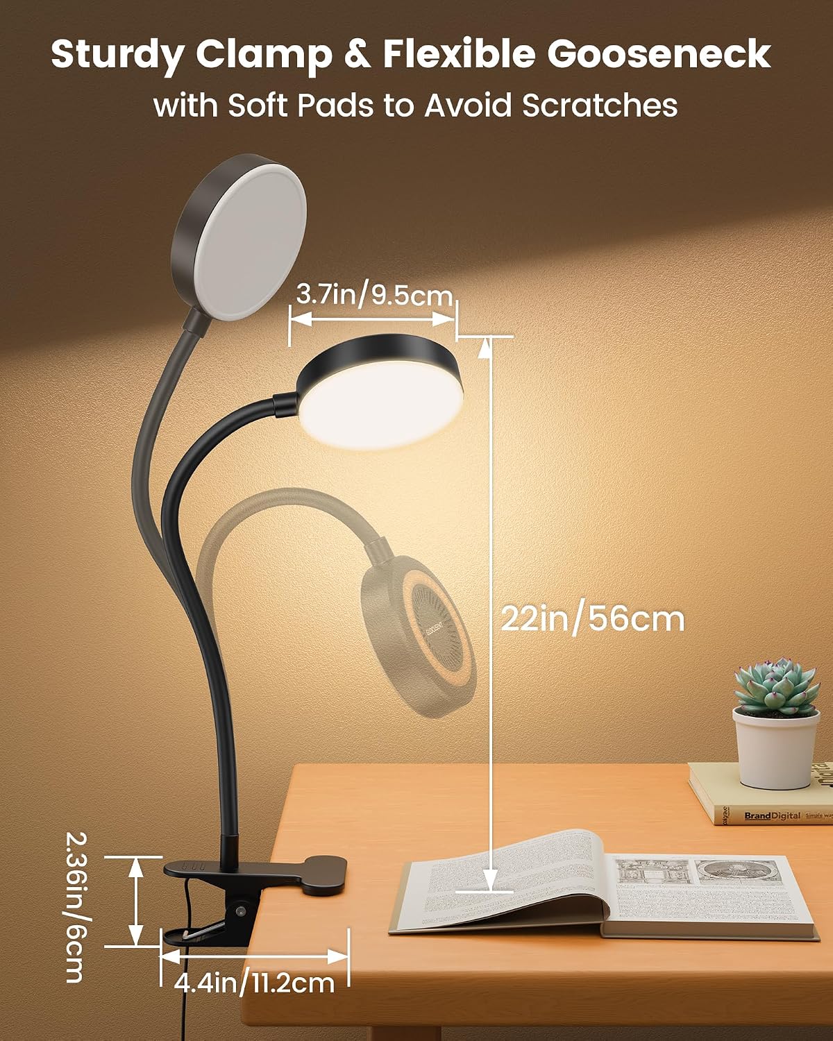Glocusent 72 LED Desk Lamp, Bed Lamp with Amber Ring& Amber Mode | 3 Colors & 5 Brightness, 2.75" Clamp & 30Min Timer, USB Powered with Remote, Clamp Light for Headboard/Dorm/Bunk/Work/Craft