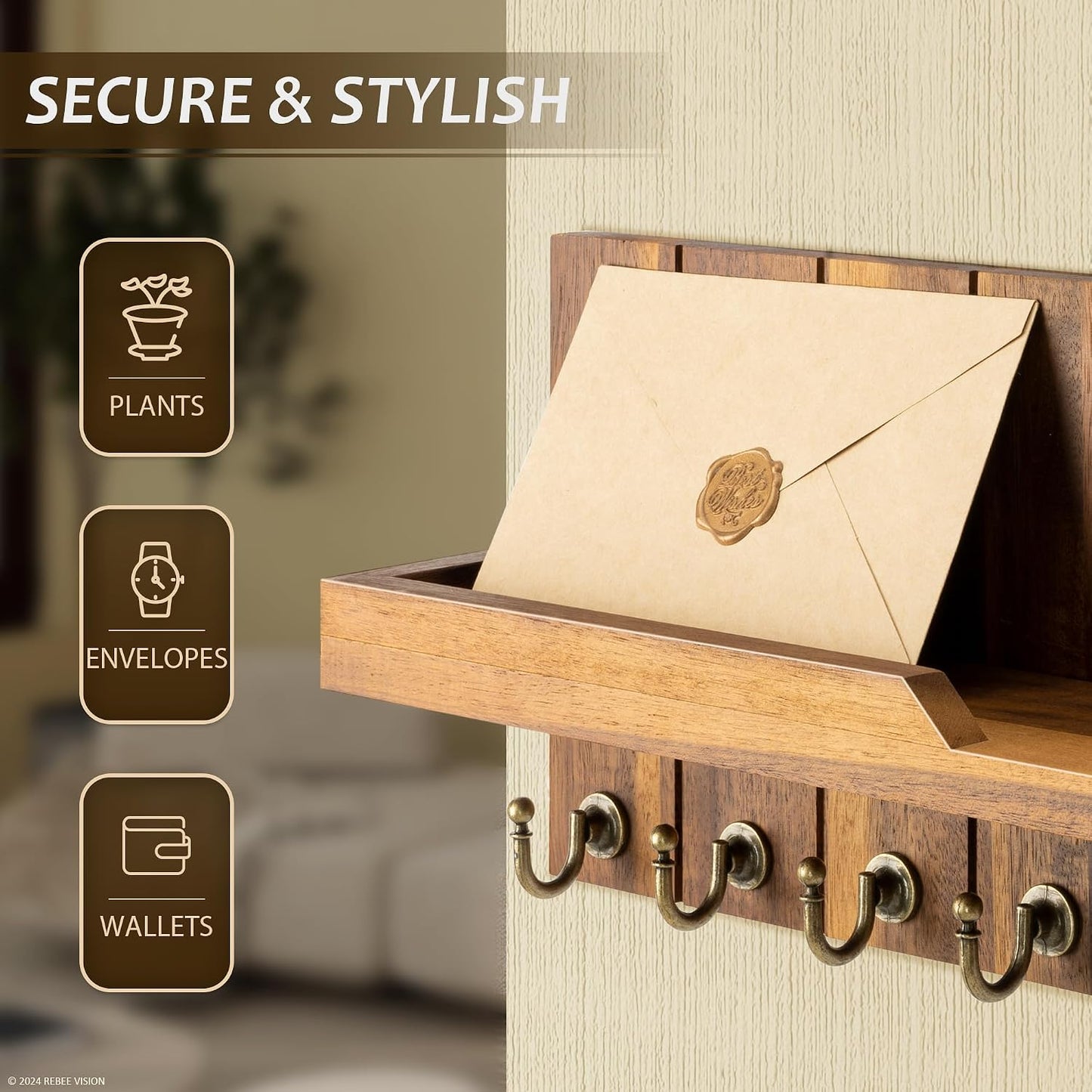 Rebee Vision Key Holder Wall Mount with 5 Key Hooks for Home Decor, Brown | 3.54'' x 10'' x 7.28'', Small Shelf for Display Plant, Key Hangers for Hat, Entryway Space-Saving Storage