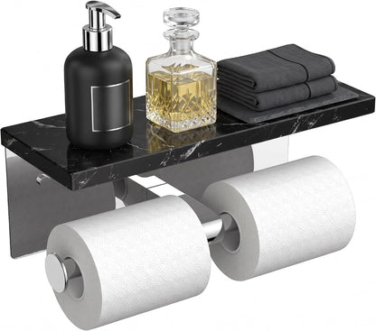 FORIOUS Toilet Paper Holder with Shelf, Commercial Toilet Paper Dispensers | Brushed Nickel | Wall Mount Bathroom Tissue Holder | SUS304 Stainless Steel Rustproof | Double Tissue Roll Holder