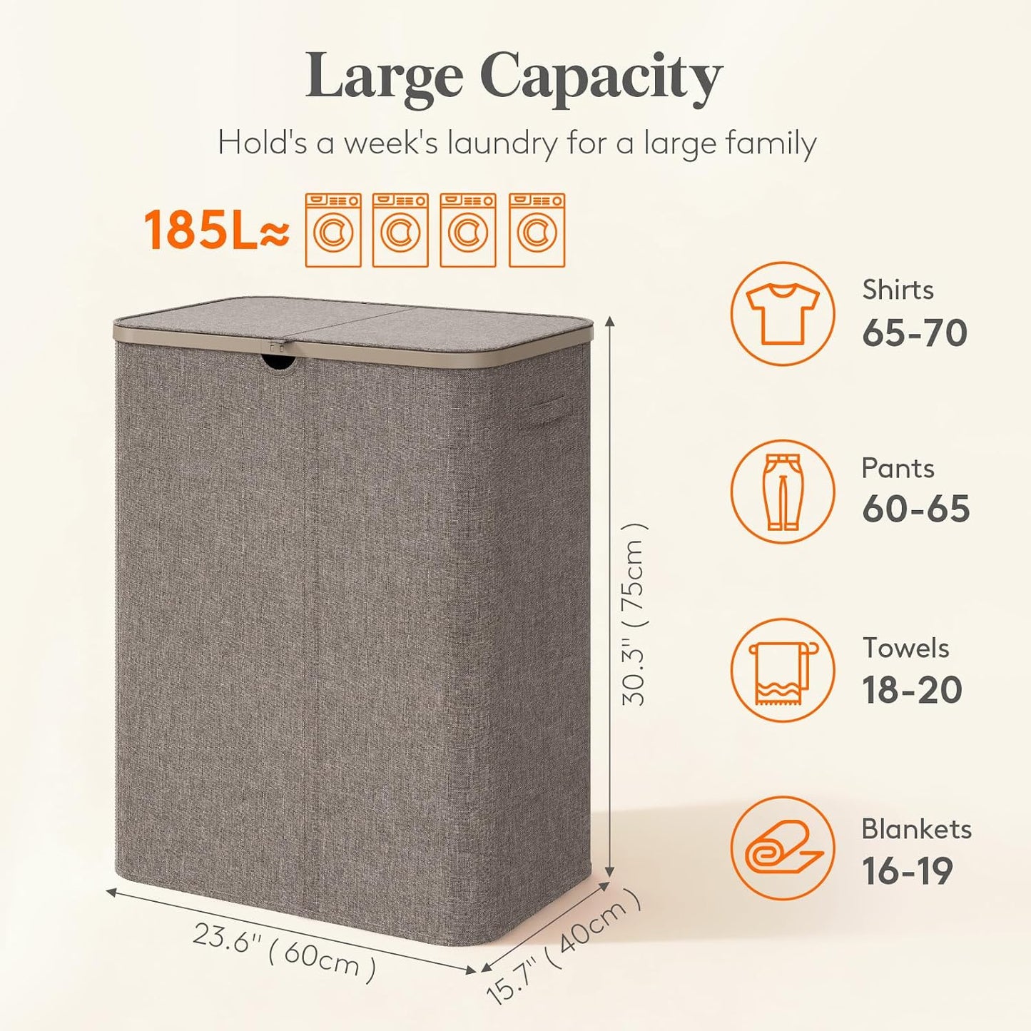 Lifewit 185L 3 Section Laundry Hamper with Lid, Laundry Basket, Beige | Large Foldable Laundry Sorter with 3 Removable Bags, Tall Clothes Hamper for Bedroom and Bathroom