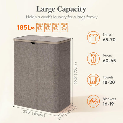 Lifewit 185L 3 Section Laundry Hamper with Lid, Laundry Basket, Beige | Large Foldable Laundry Sorter with 3 Removable Bags, Tall Clothes Hamper for Bedroom and Bathroom