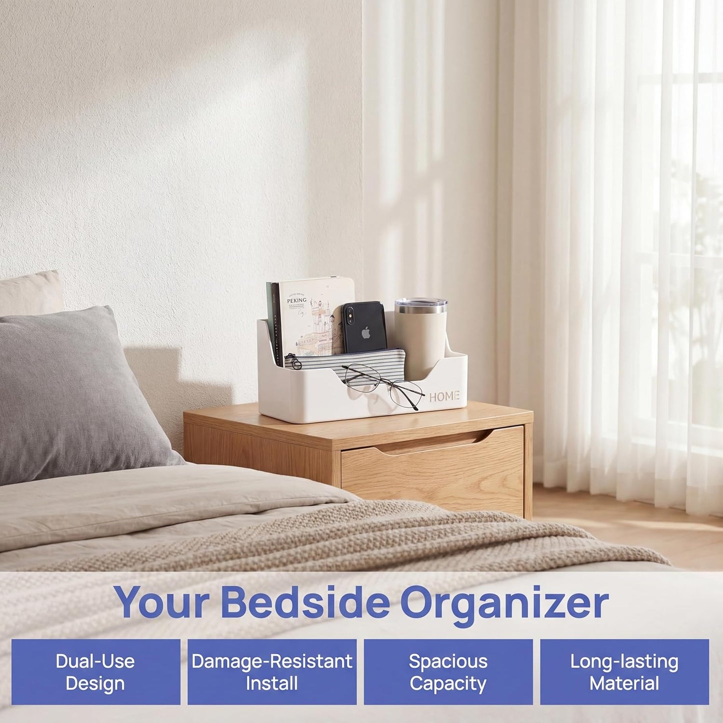 Bedside Shelf - Stick On Wall Mounted Bed Room,Dorm,Office Adhesive Floating Accessories Caddy Organizer/Holder for Phone,Glasses,Remote Control,Keys,Pens - Plastic Material- White