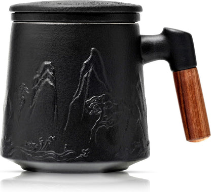 suyika Tea Cup with Infuser and Lid, 15.2 Ounce Wood Handle Ceramic Loose Leaf Mug Gradient Black&Green 450ml