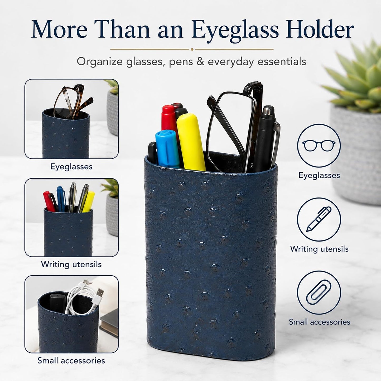 Calabria Desktop Eye Glasses Holder Soft Lining Weighted Base Eyeglasses Stand Case Desks Nightstands PU Leather Mens Womens