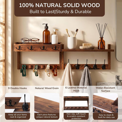 Wooden Key Holder Wall Mount with Shelf, Wall Key Rack and Mail Holder with 9 Key Hooks and 6 Sunglasses Holders, Farmhouse Key Hanger for Entryway Living Room Bedroom, Rustic Brown