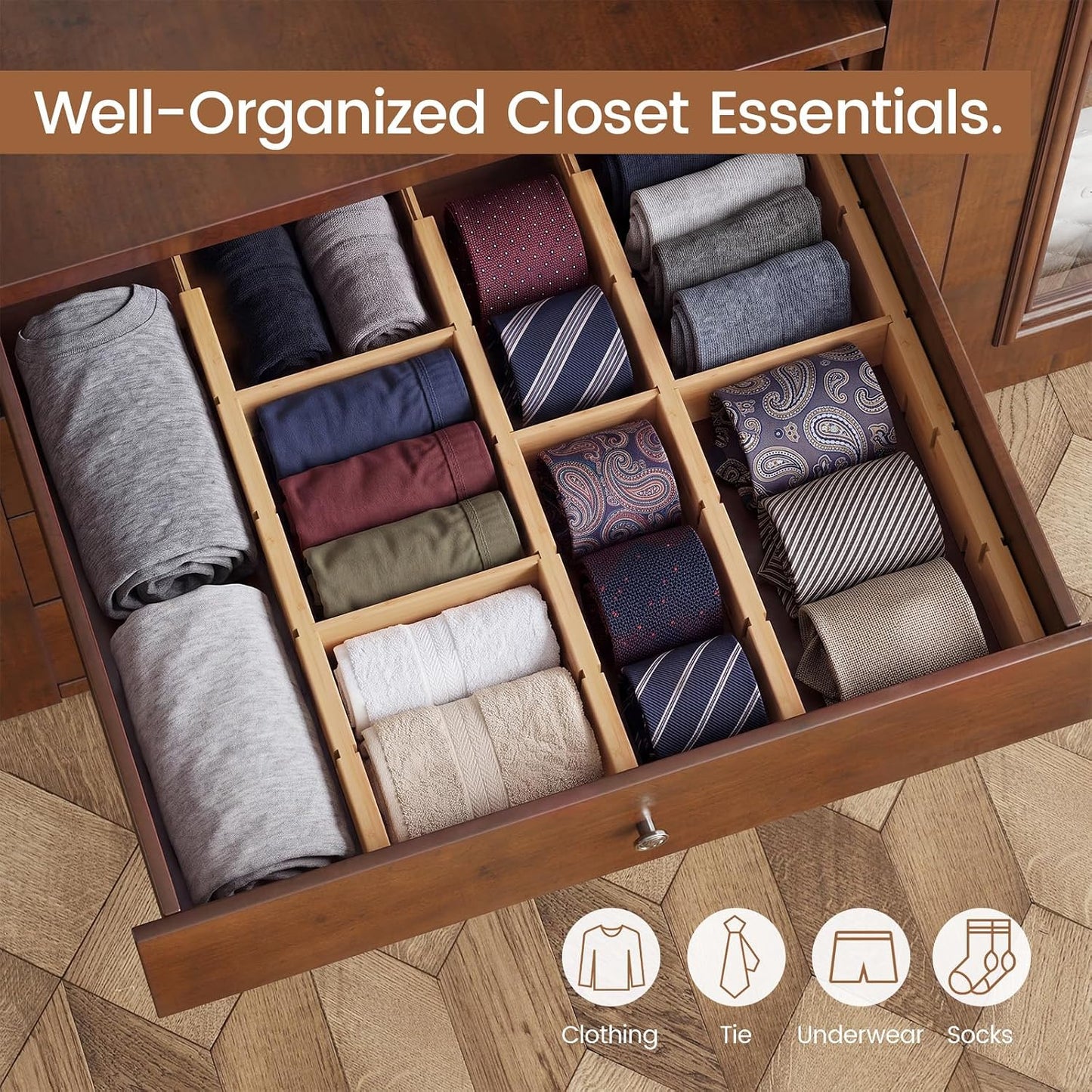 Bamboo Drawer Dividers 8 Pack with Inserts, Kitchen Adjustable Drawer Organizers for Home, Bedroom, Dresser, Expandable Organization 8 Dividers with 16 Inserts