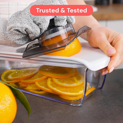 Fullstar Pro Mandoline Vegetable Slicer, Grater & Spiralizer with Container | 6 in 1 Fruit Cutter, Cheese Grater & Spiralizer with Safety Gloves, Stainless Steel Blades & Container (White)