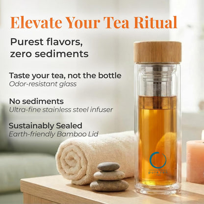Pure Zen Tea Glass Tea Infuser Bottle, Leakproof, Tea Tumbler with Infuser | 15oz, Double Wall, Travel Sleeve, Extra-fine Stainless Steel Filter, Bamboo Lid, Gift-ready Packaging, Extra-thick Glass