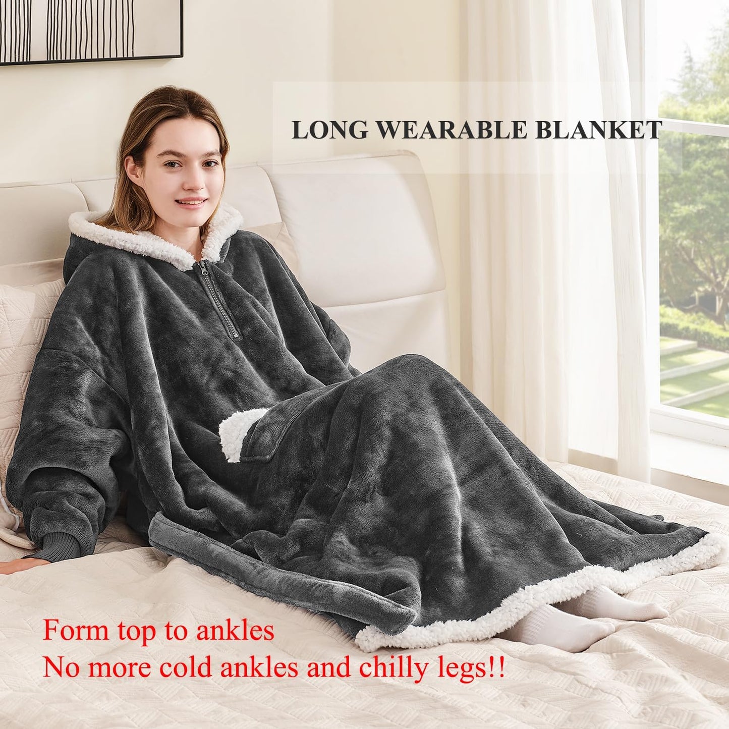 Wearable Blanket Hoodie, Oversized Sherpa Fleece Sweatshirt Blanket with Giant Hood Pocket and Sleeves for Adult, Warm & Cozy Grey Blanket Gifts for Women
