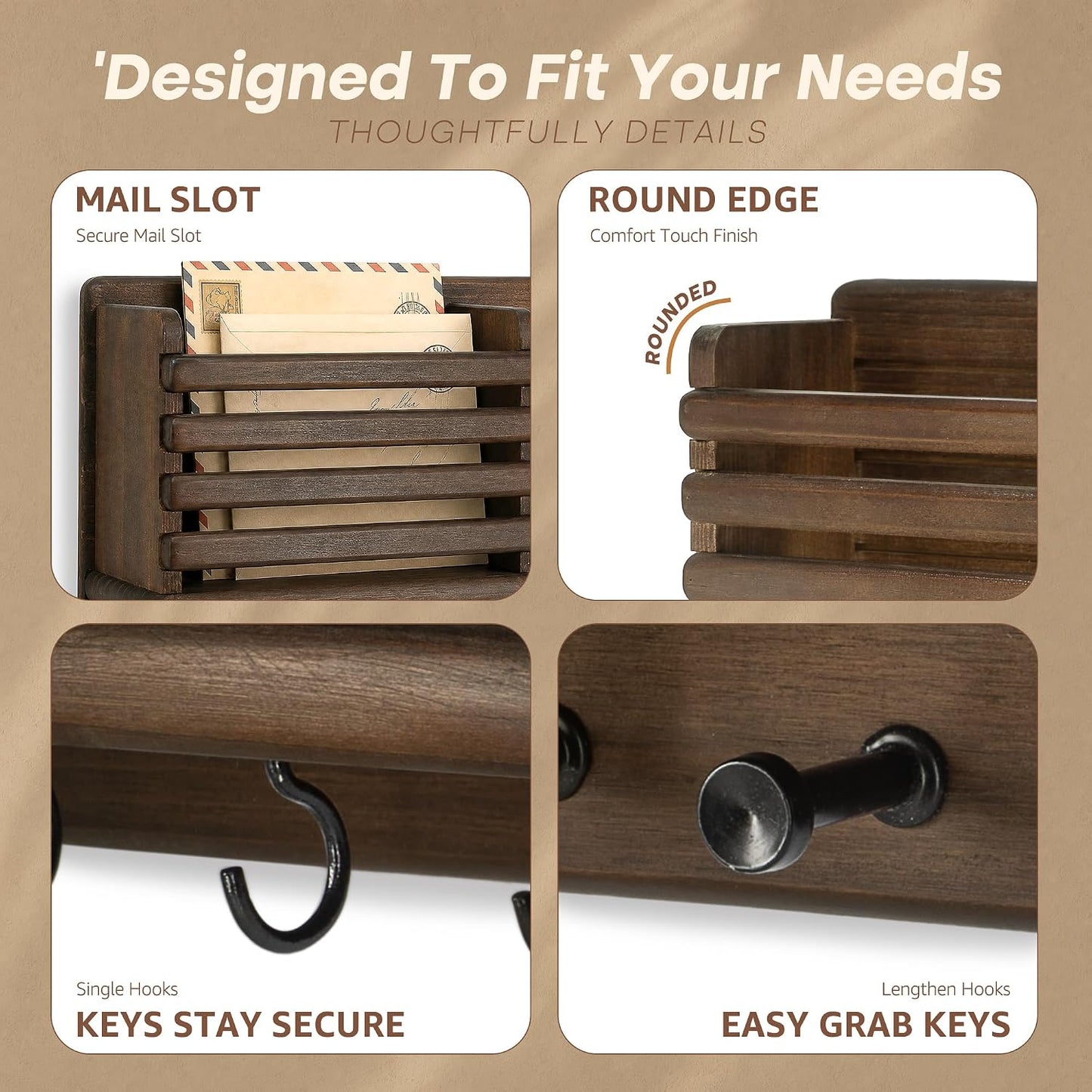 Rebee Vision Key Holder Wall Mount with Mail Slot for Entryway, Retro Brown | Pine Wood, Key Holder for Wall, 8 Hooks for Dog Leashes, Floating Shelf, Mail Sorter, New Home Essentials, Entryway Storage