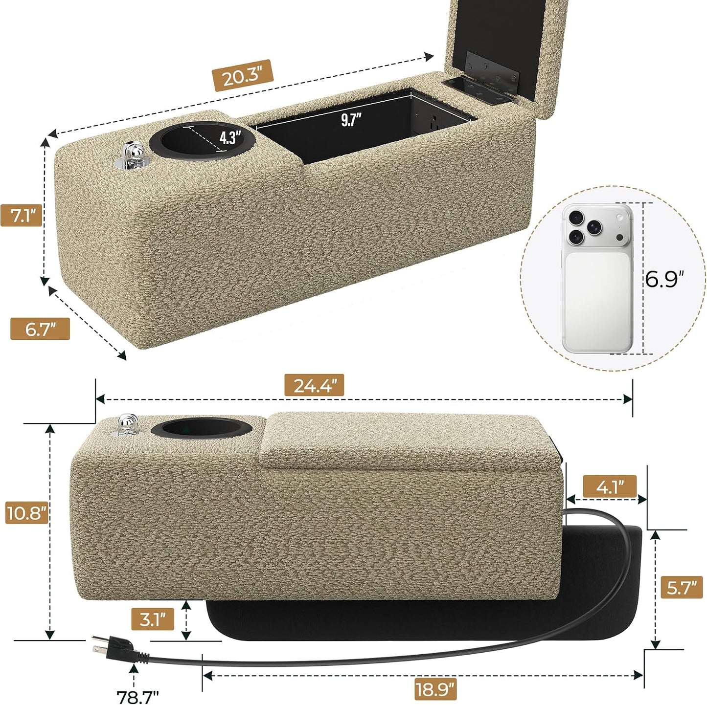 Couch Caddy with Cup Holder, 20.3 Inch White Armrest Console | Removable Sofa Armrest Organizer with Charging and Phone Holder, Storage for Remotes, Snacks and Everyday Essentials