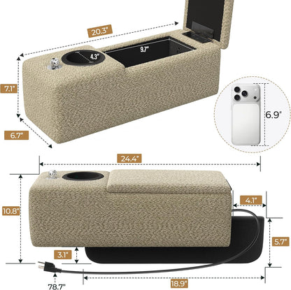 Couch Caddy with Cup Holder, 20.3 Inch White Armrest Console | Removable Sofa Armrest Organizer with Charging and Phone Holder, Storage for Remotes, Snacks and Everyday Essentials