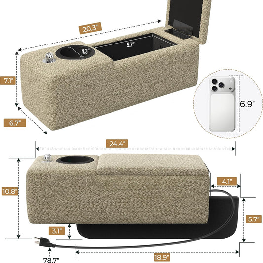 Couch Caddy with Cup Holder, 20.3 Inch White Armrest Console | Removable Sofa Armrest Organizer with Charging and Phone Holder, Storage for Remotes, Snacks and Everyday Essentials