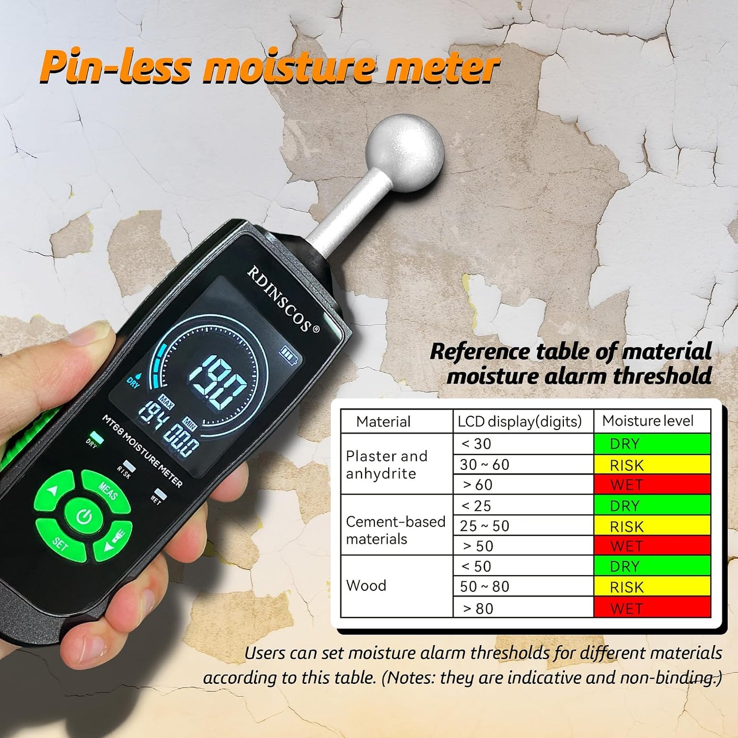 RDINSCOS Pinless Moisture Meter for Wood & Wall | Digital Moisture Detector, Flooding Detection, High Humidity Detection, For Walls, Floor, Masonry