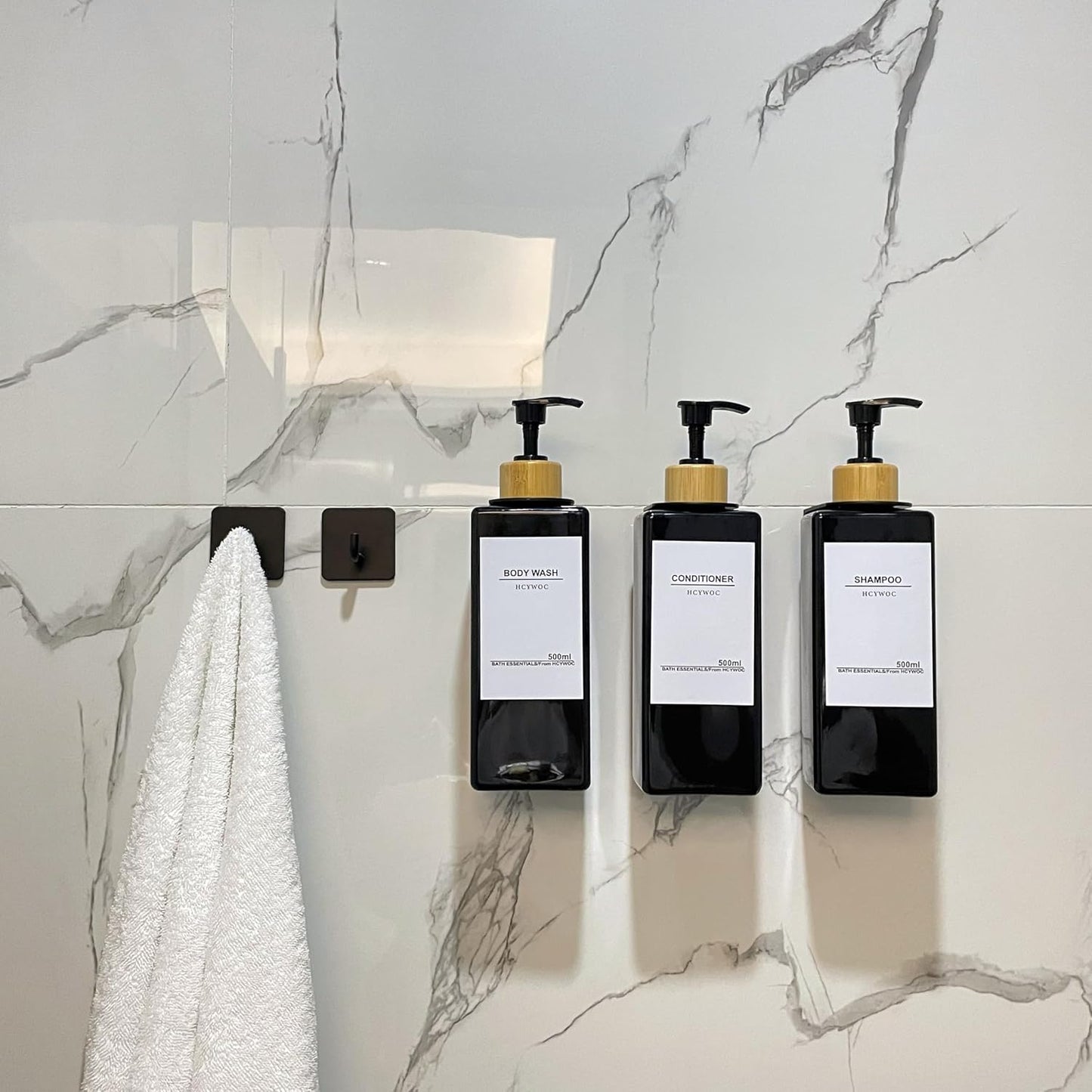 Shampoo Dispenser for Shower Wall, Shampoo and Conditioner Dispenser with 16 Waterproof Labels, No Drill Shower Soap Dispenser Bathroom, Shower Soap Dispenser Wall Mounted 3 Chamber, 17oz,Black | Shampoo Dispenser for Shower Wall, Shower Soap Dispenser