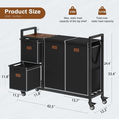 Hoctieon 4 Section Laundry Cart, 52.8 Gal. (200L) Laundry Hamper with Lid, Laundry Basket with Wheels, Rolling Laundry Sorter Organizer with Shelf, Clothes Separator with Removable Bags, Black